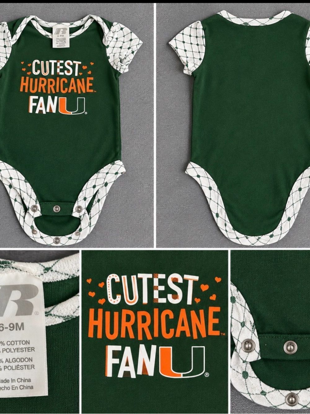 University of Miami Athletic Green White Baby Bodysuit with Orange Print